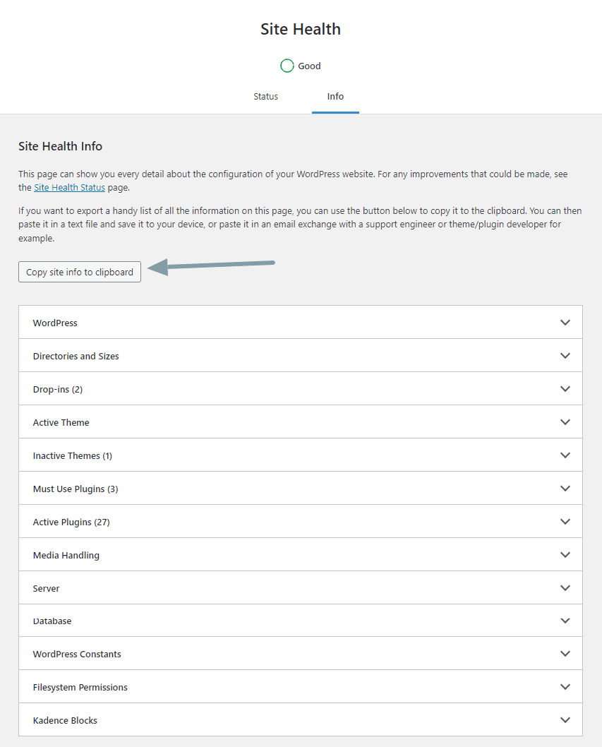 WordPress Site Health Tool Info